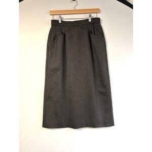 LOUIS FERAUD Brown Herringbone Virgin Wool Women Skirt Size 10 Apron Pockets VTG